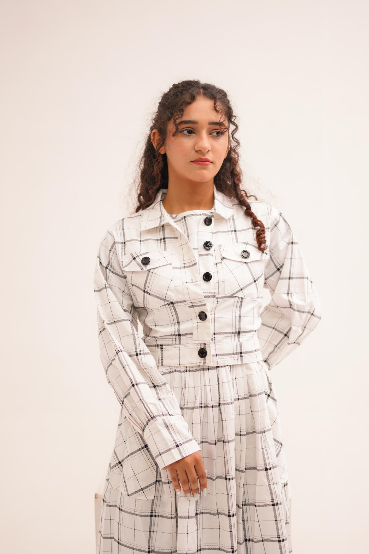 White Checkered Frock With  Button-Up Coat