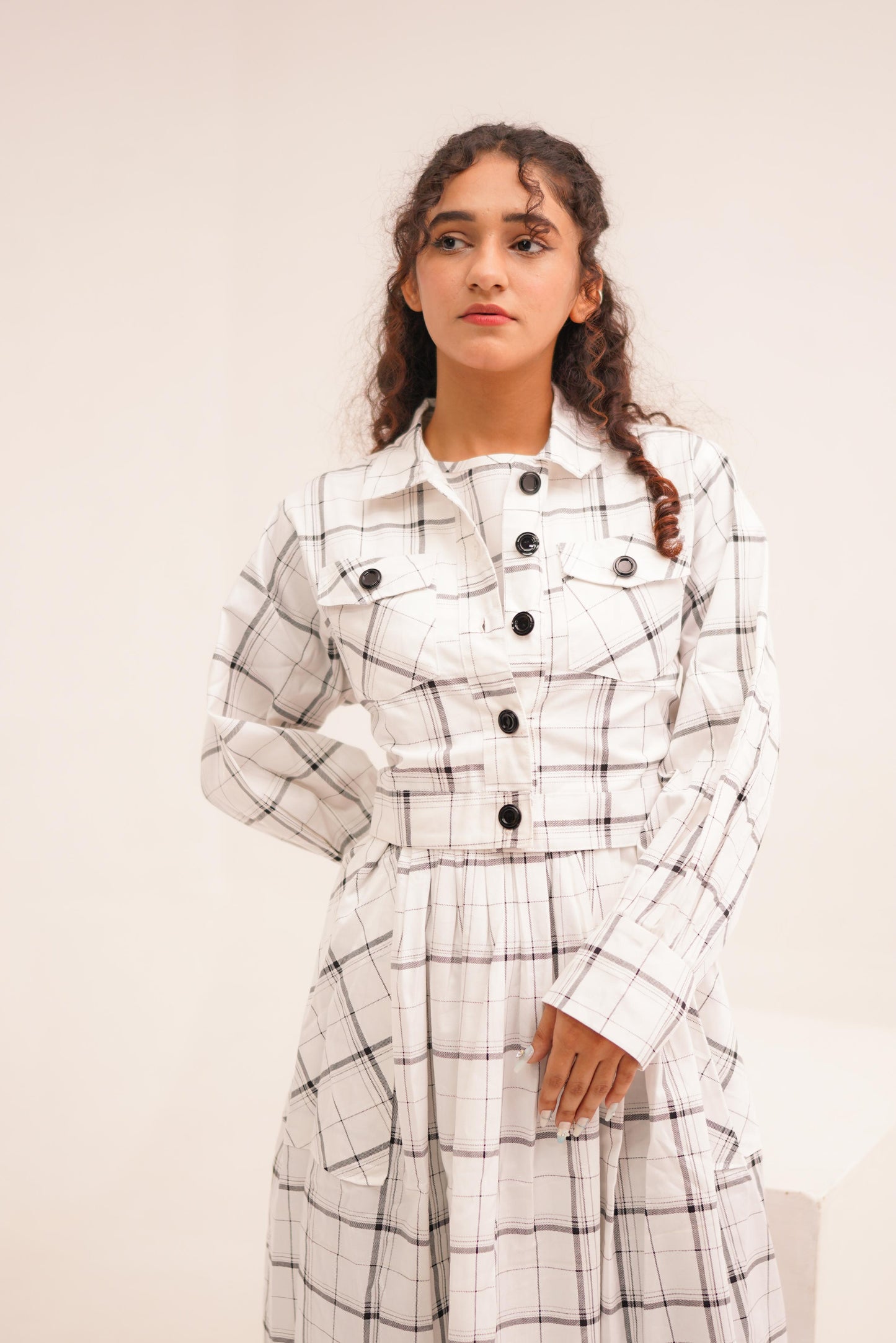White Checkered Frock With  Button-Up Coat