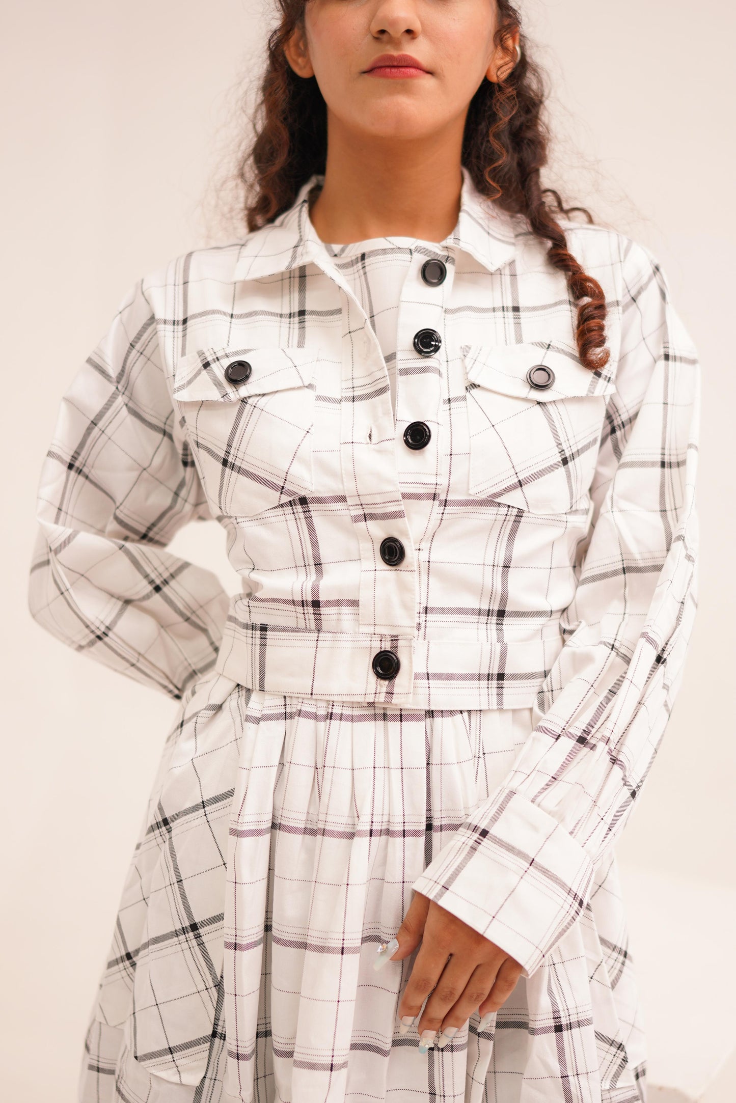 White Checkered Frock With  Button-Up Coat