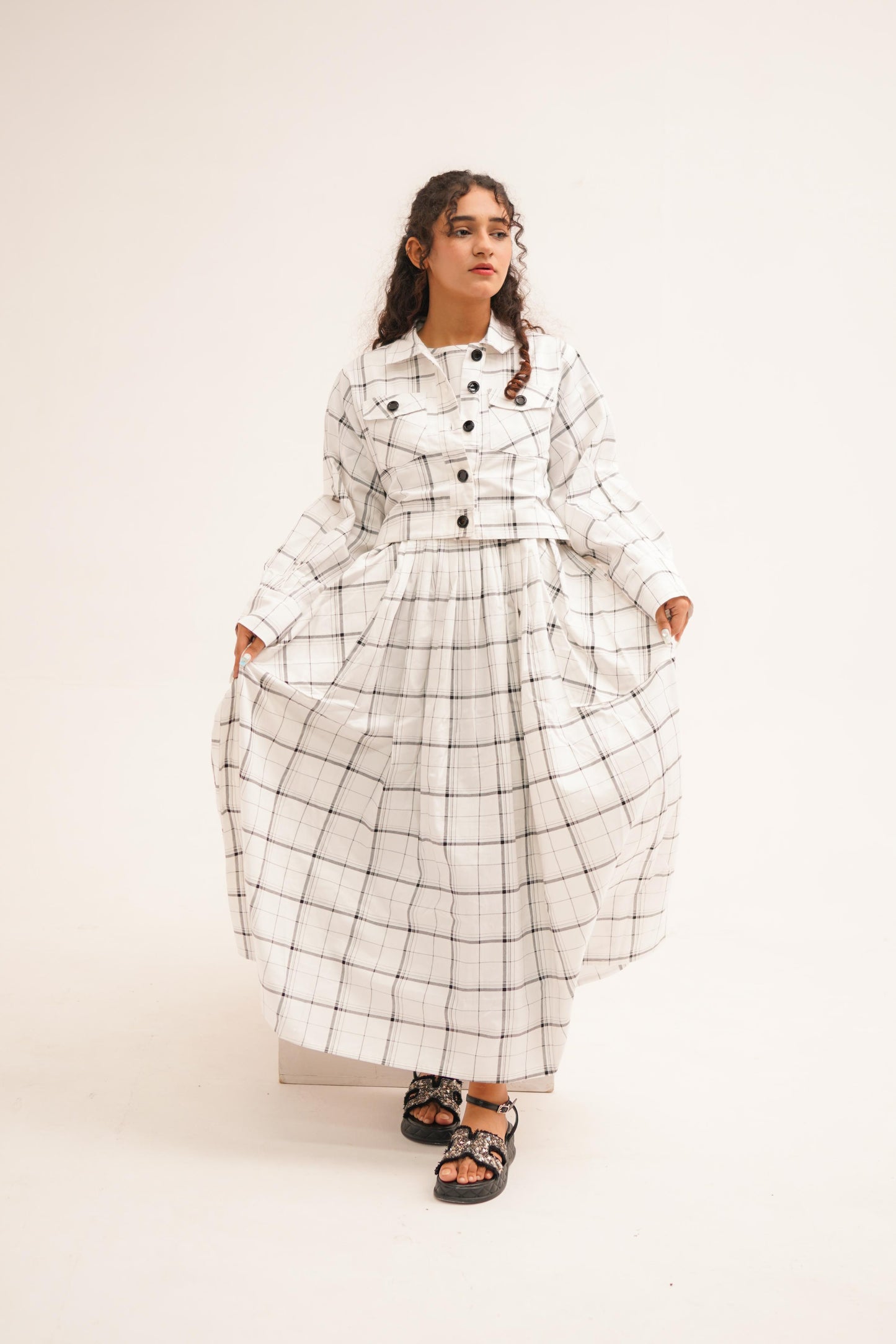White Checkered Frock With  Button-Up Coat