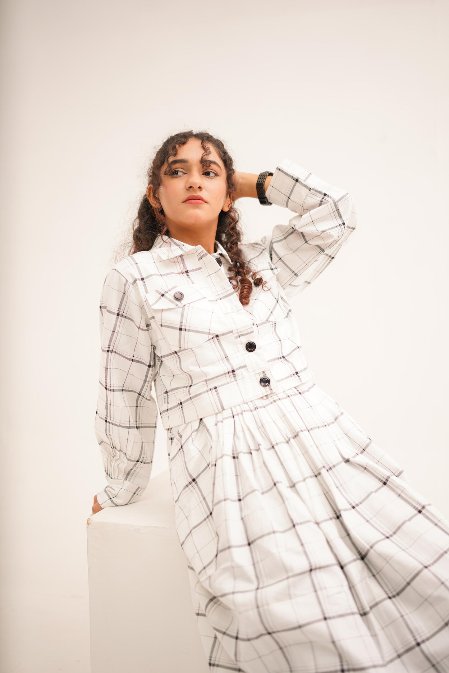 White Checkered Frock With  Button-Up Coat