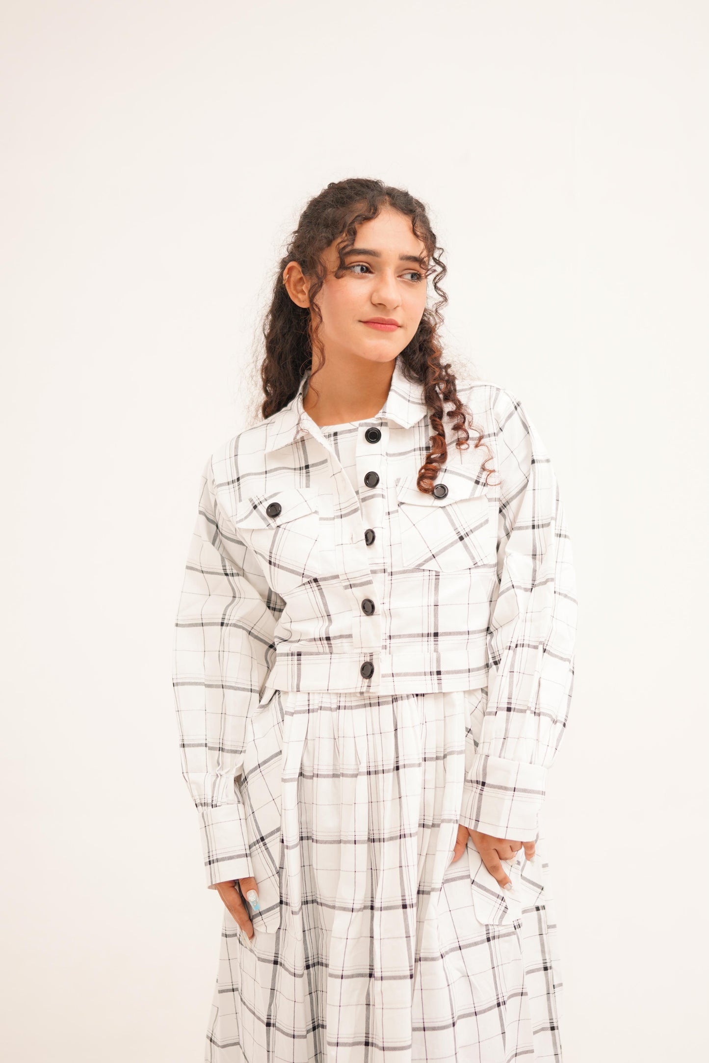 White Checkered Frock With  Button-Up Coat