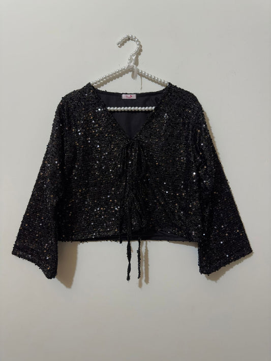 Black Velvet-Sequnce V-Neck Top