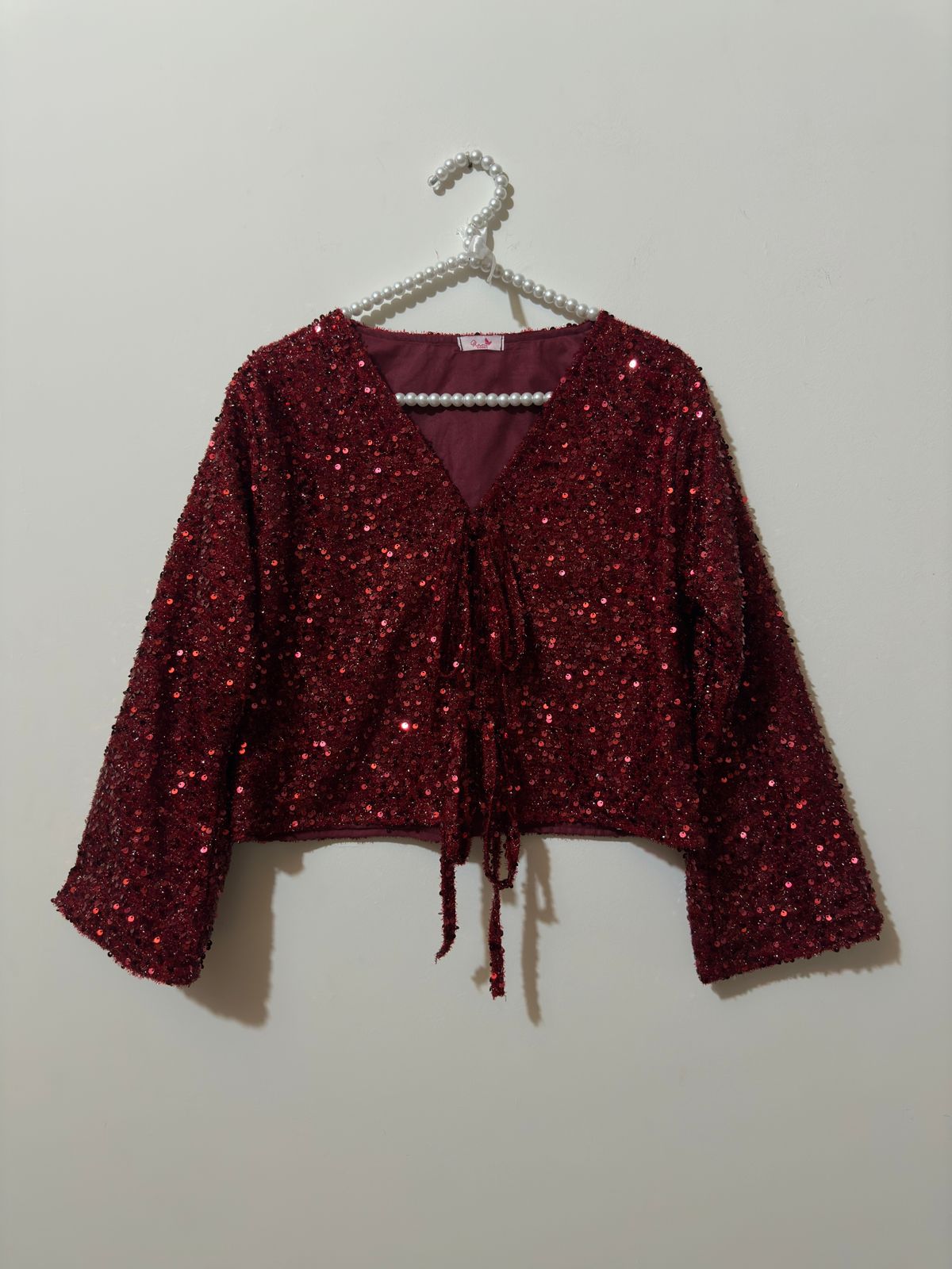 Maroon Velvet-Sequnce V-Neck Top