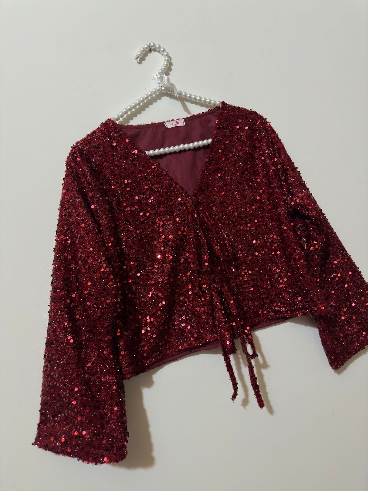 Maroon Velvet-Sequnce V-Neck Top