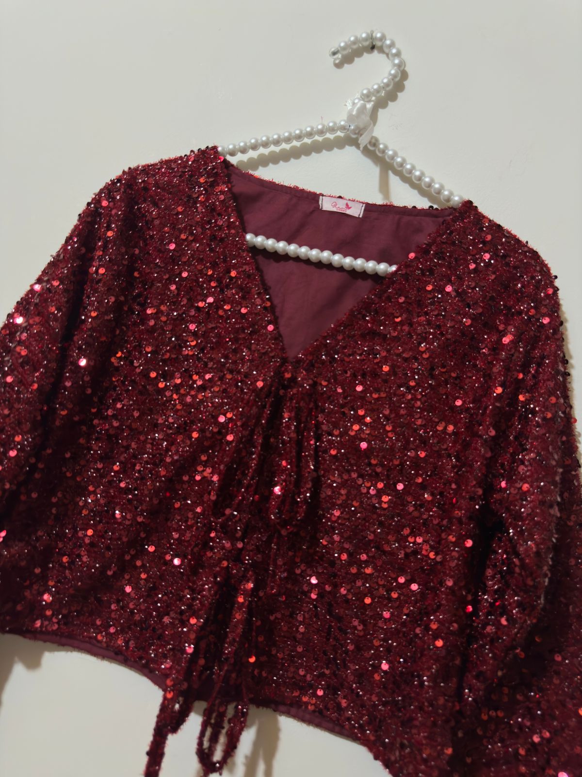 Maroon Velvet-Sequnce V-Neck Top
