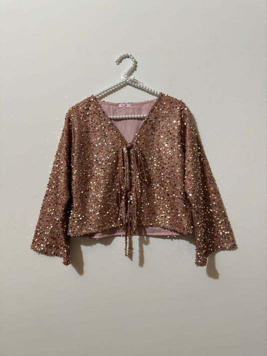 Rosy Gold Velvet-Sequence Bow Top
