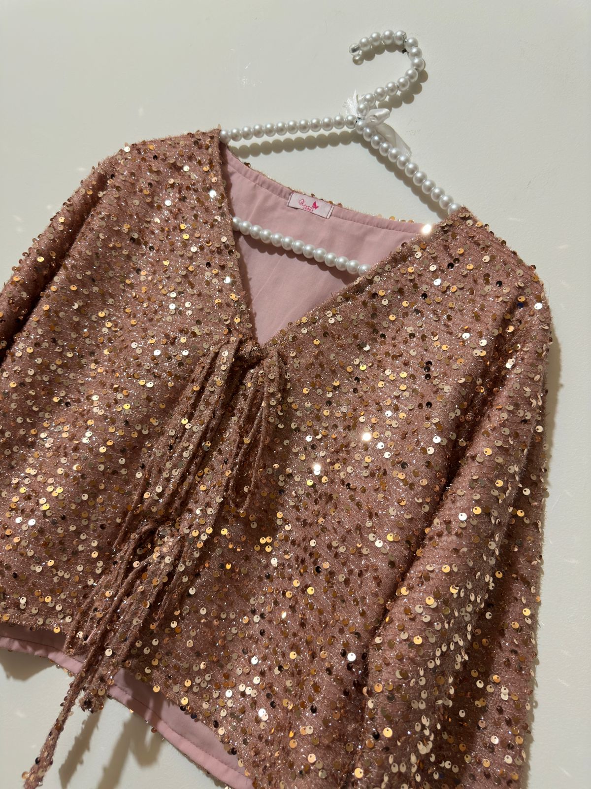 Rosy Gold Velvet-Sequence Bow Top