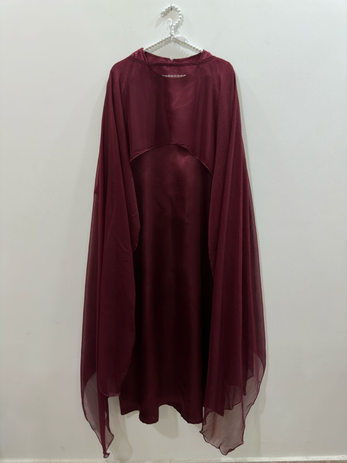 Maroon Satin Silk Maxi With Shiffon Cape Shawl