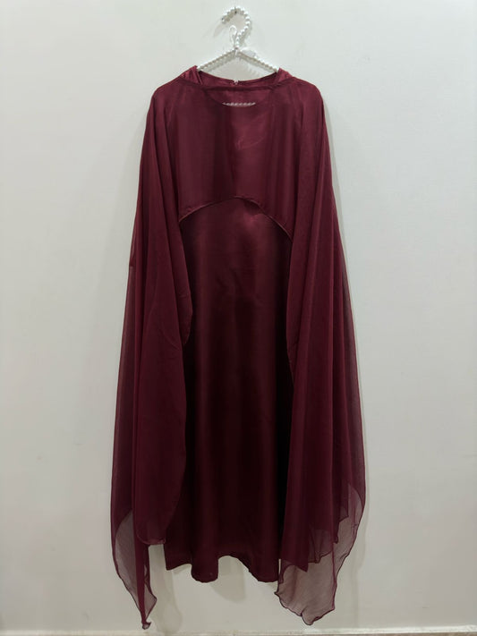 Maroon Satin Silk Maxi With Shiffon Cape Shawl