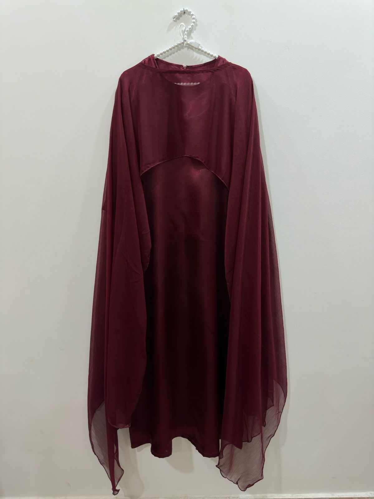 Maroon Satin Silk Maxi With Shiffon Cape Shawl