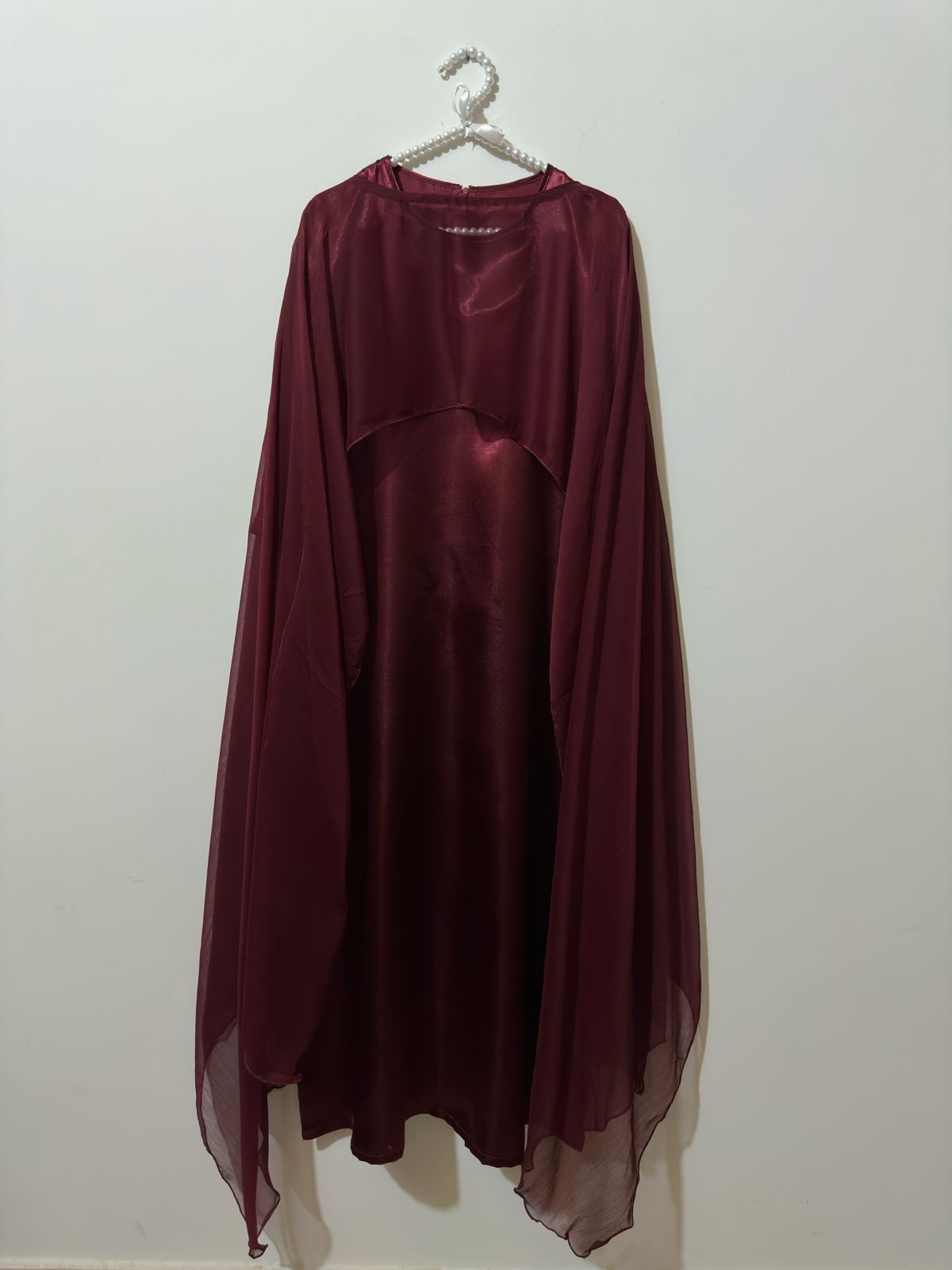 Maroon Satin Silk Maxi With Shiffon Cape Shawl