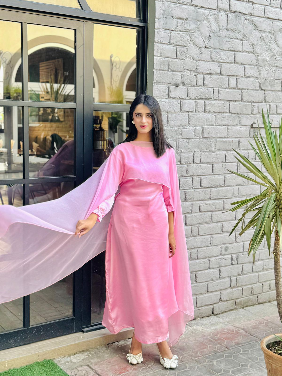 Baby Pink Silk Maxi With Shiffon Cape Shawl