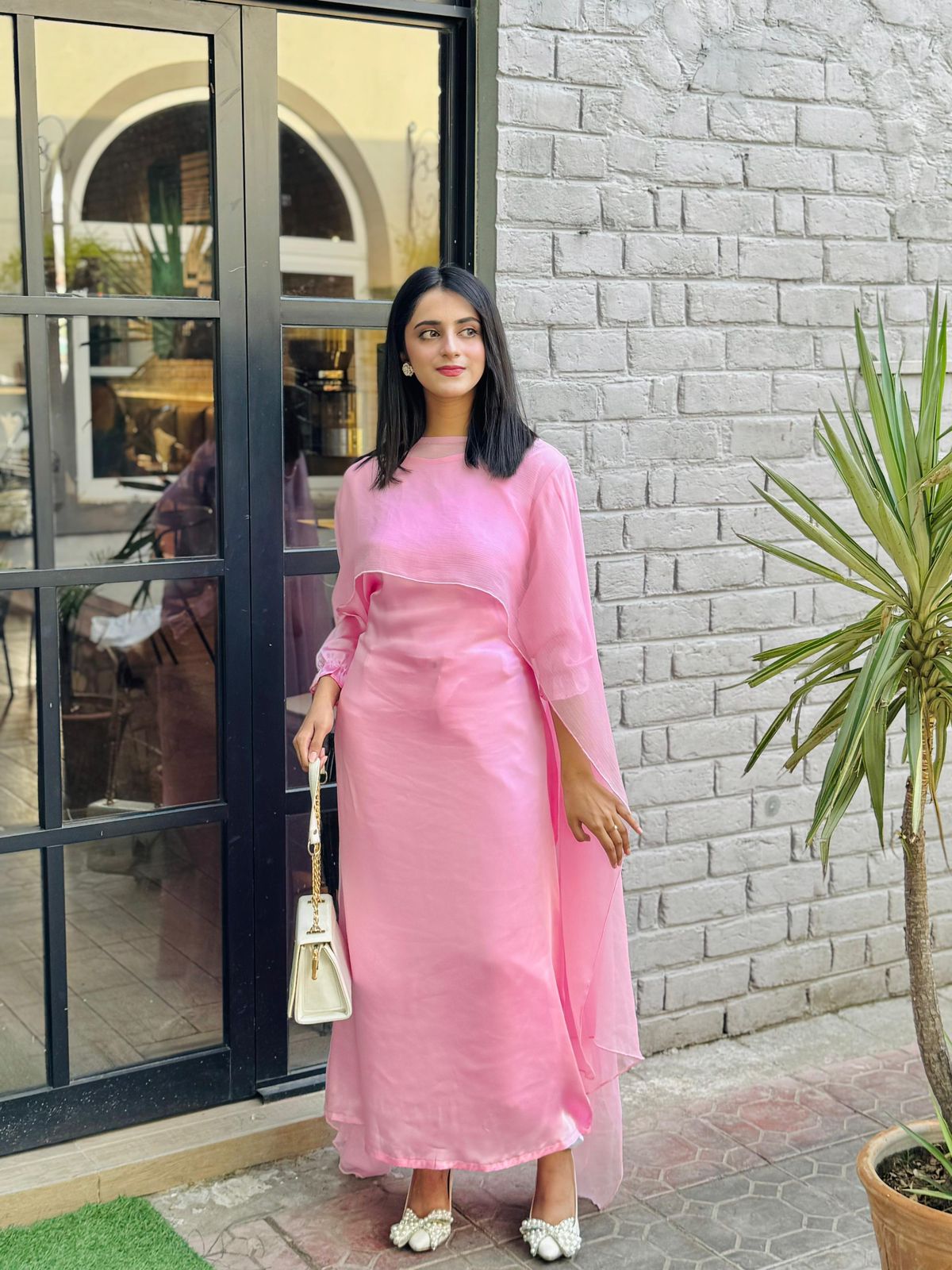 Baby Pink Silk Maxi With Shiffon Cape Shawl