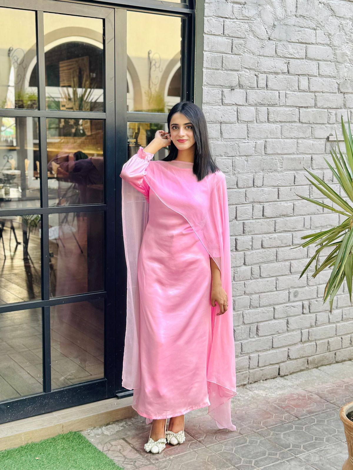 Baby Pink Silk Maxi With Shiffon Cape Shawl