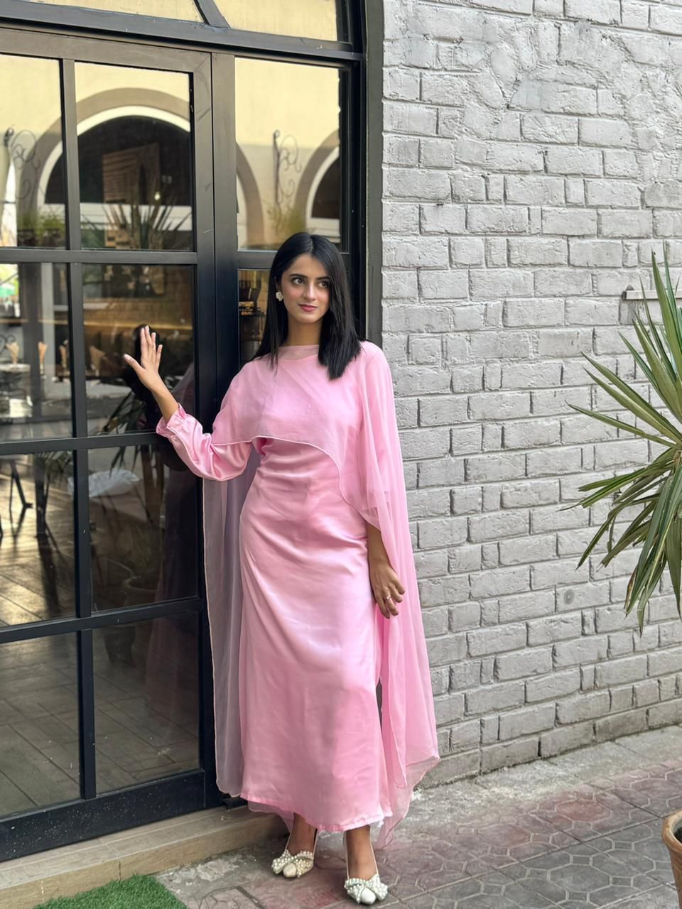 Baby Pink Silk Maxi With Shiffon Cape Shawl