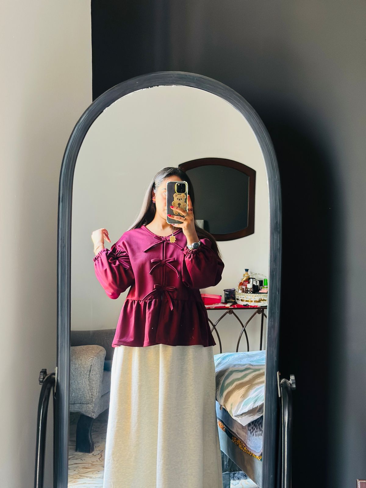 Maroon Top Off-White Skirt