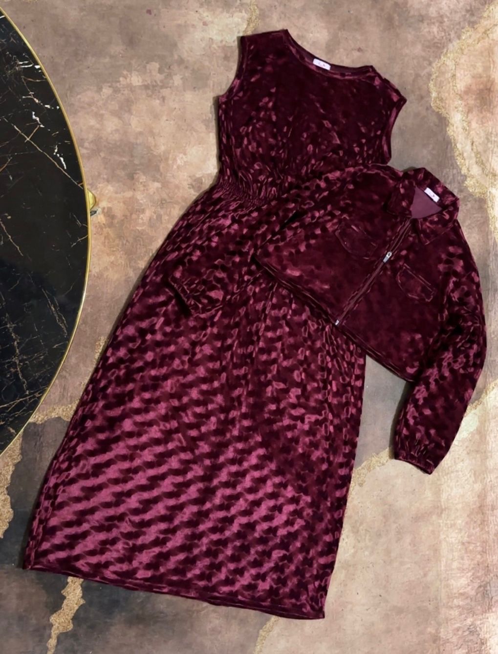 Maroon Velvet Long Maxi & Zipped jacket