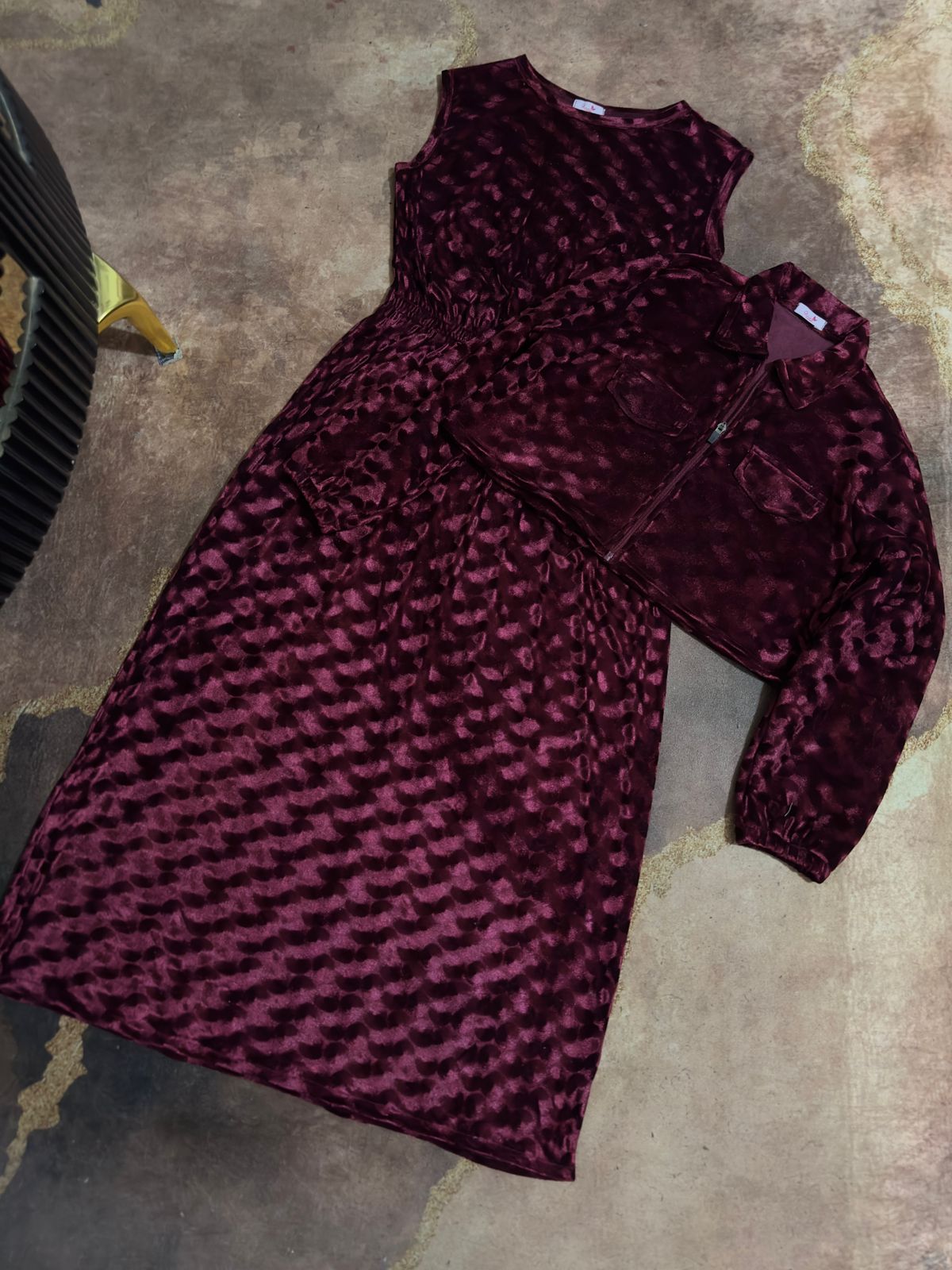 Maroon Velvet Long Maxi & Zipped jacket