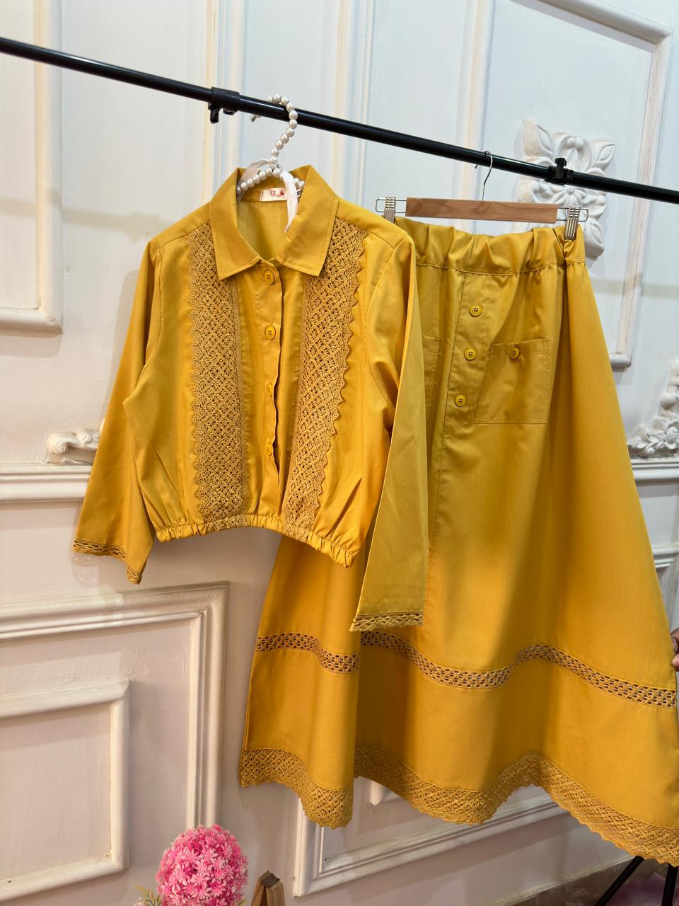 Lemon Yellow Laced Shirt & Skirt Set