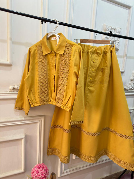 Lemon Yellow Laced Shirt & Skirt Set