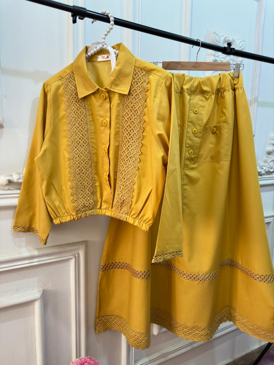 Lemon Yellow Laced Shirt & Skirt Set