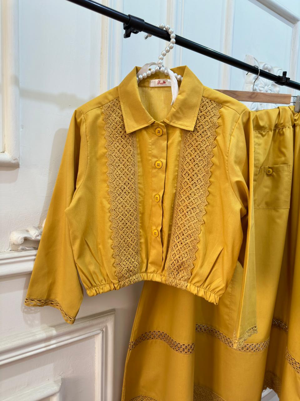 Lemon Yellow Laced Shirt & Skirt Set