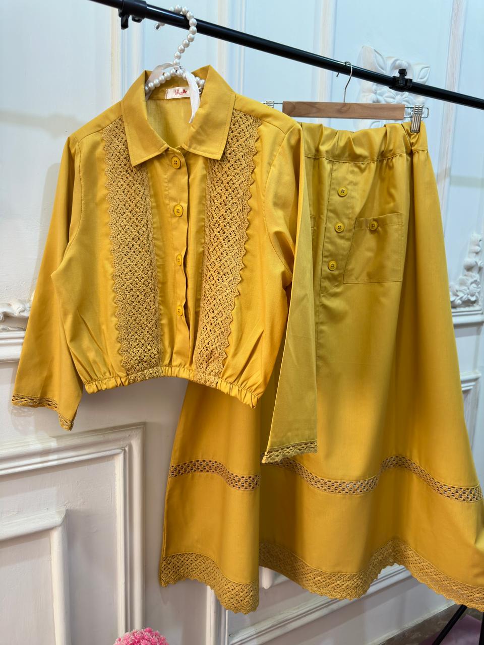 Lemon Yellow Laced Shirt & Skirt Set