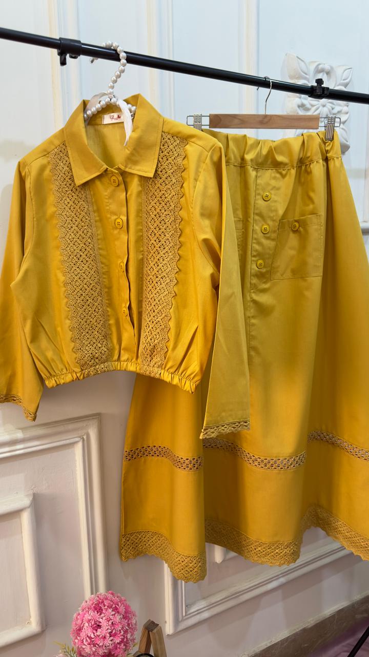 Lemon Yellow Laced Shirt & Skirt Set