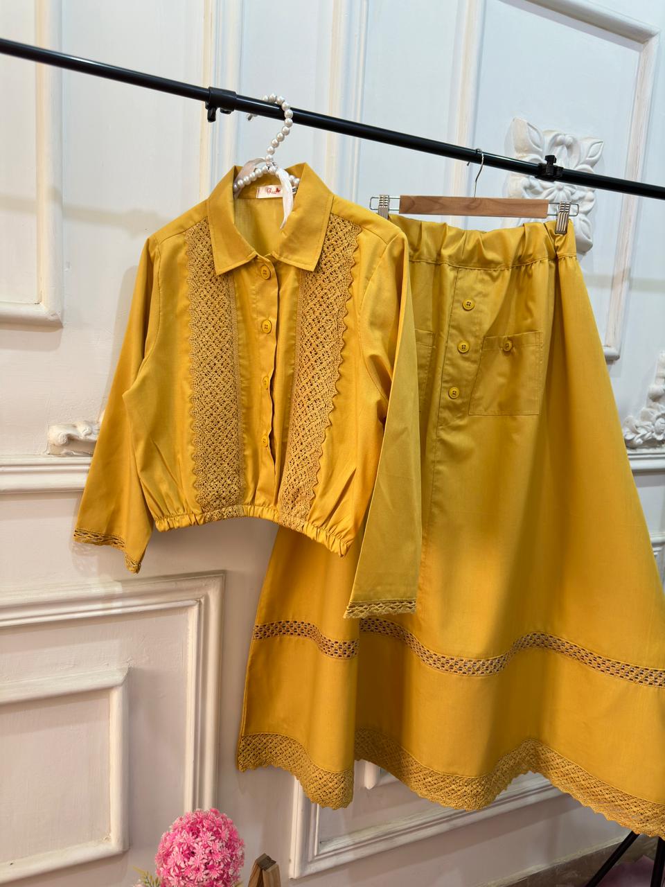 Lemon Yellow Laced Shirt & Skirt Set