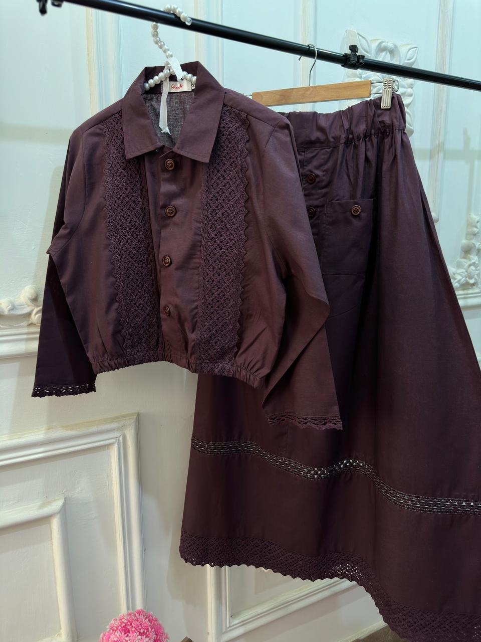 Eggplant Laced Shirt & Skirt Set