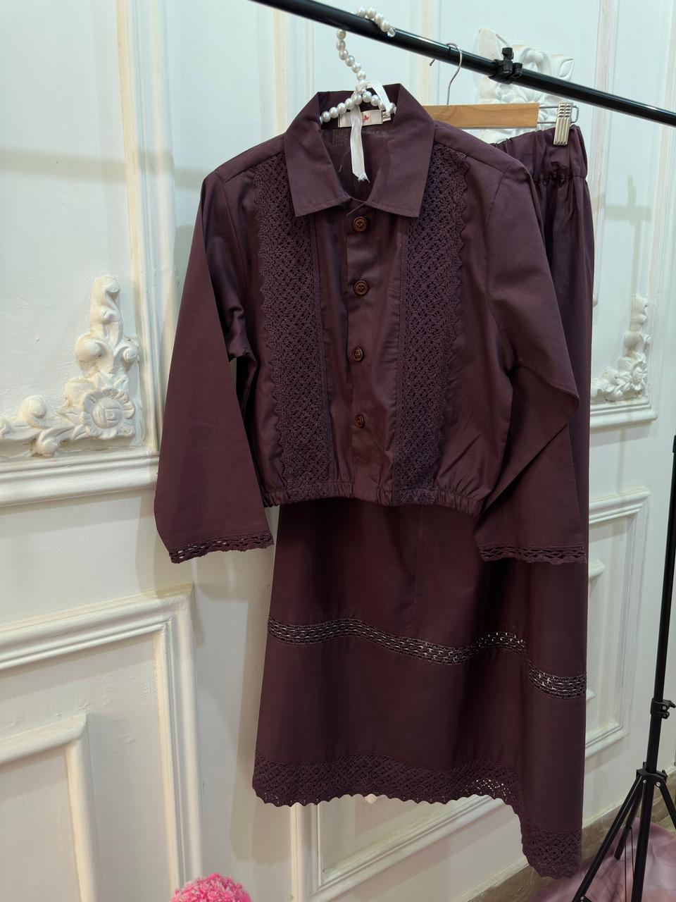 Eggplant Laced Shirt & Skirt Set