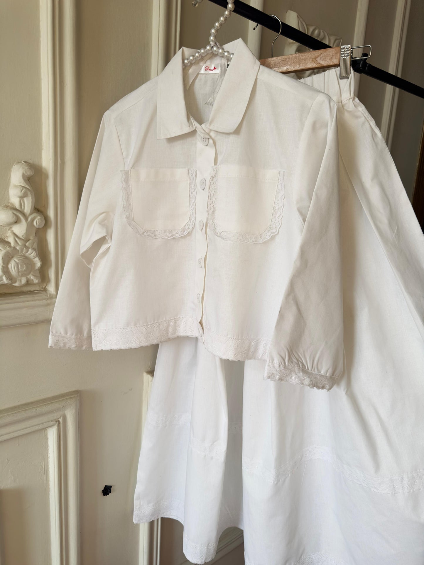 Vintage Style Cotton Lace Shirt & Skirt Set