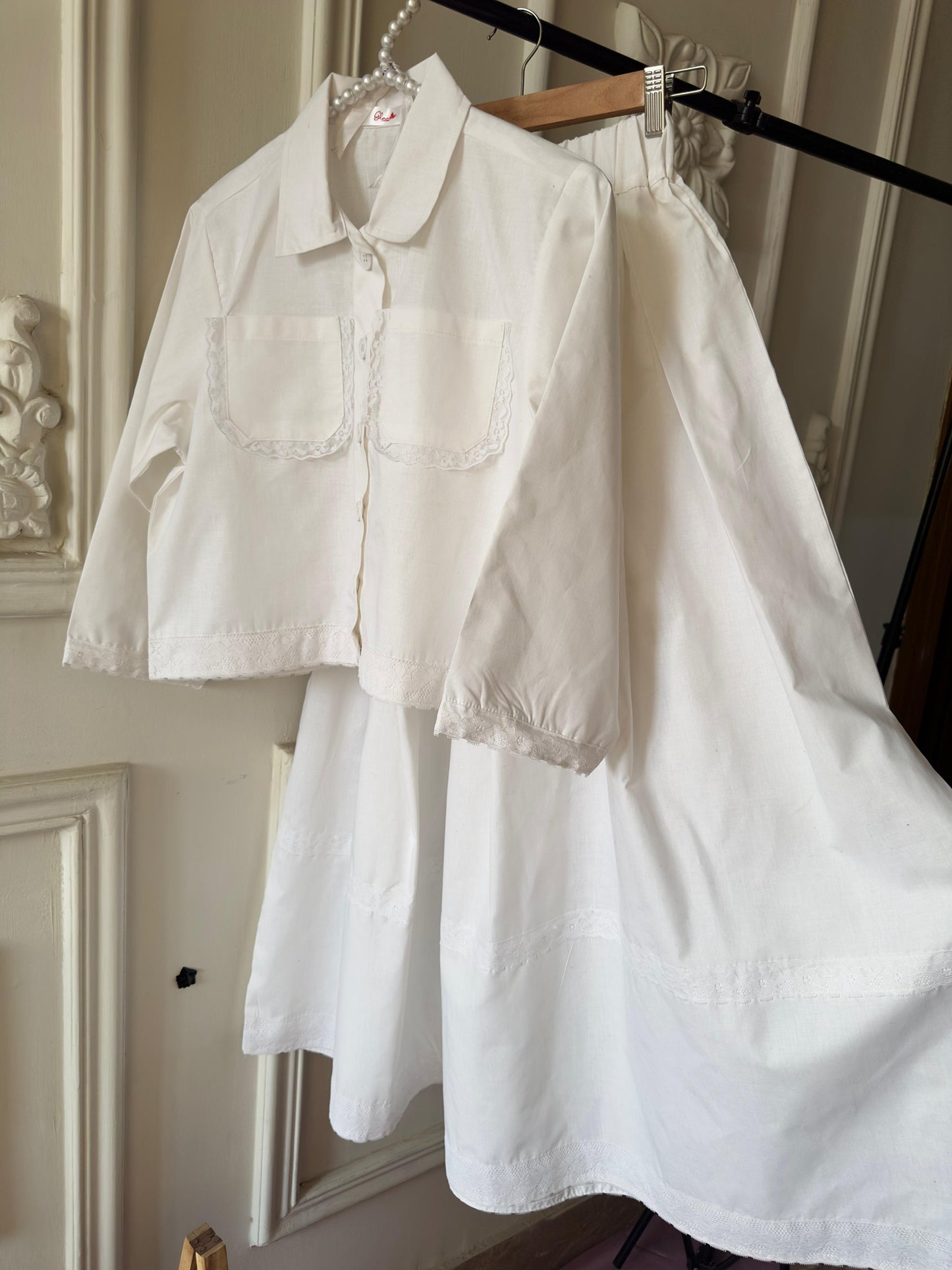 Vintage Style Cotton Lace Shirt & Skirt Set