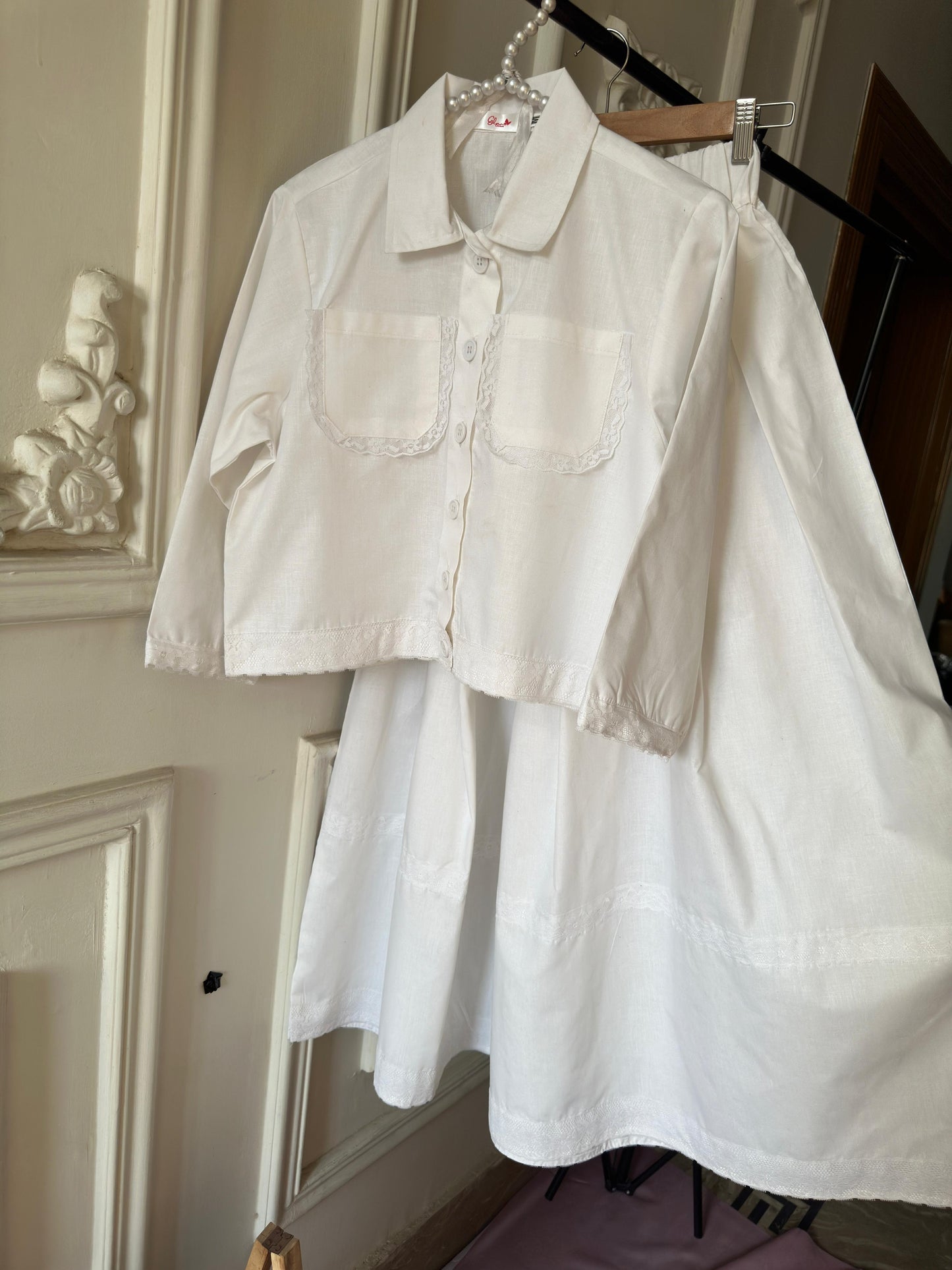 Vintage Style Cotton Lace Shirt & Skirt Set