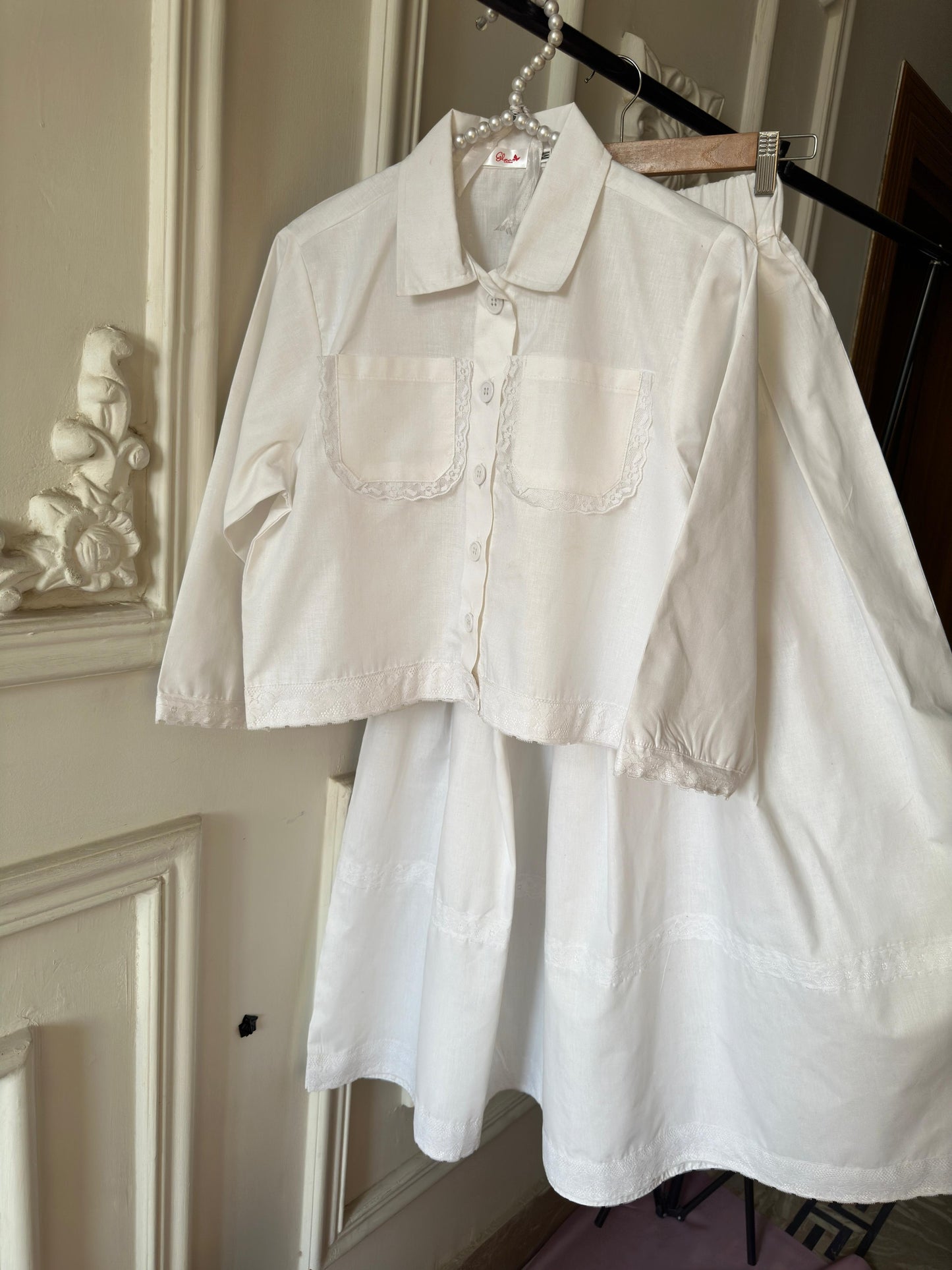 Vintage Style Cotton Lace Shirt & Skirt Set