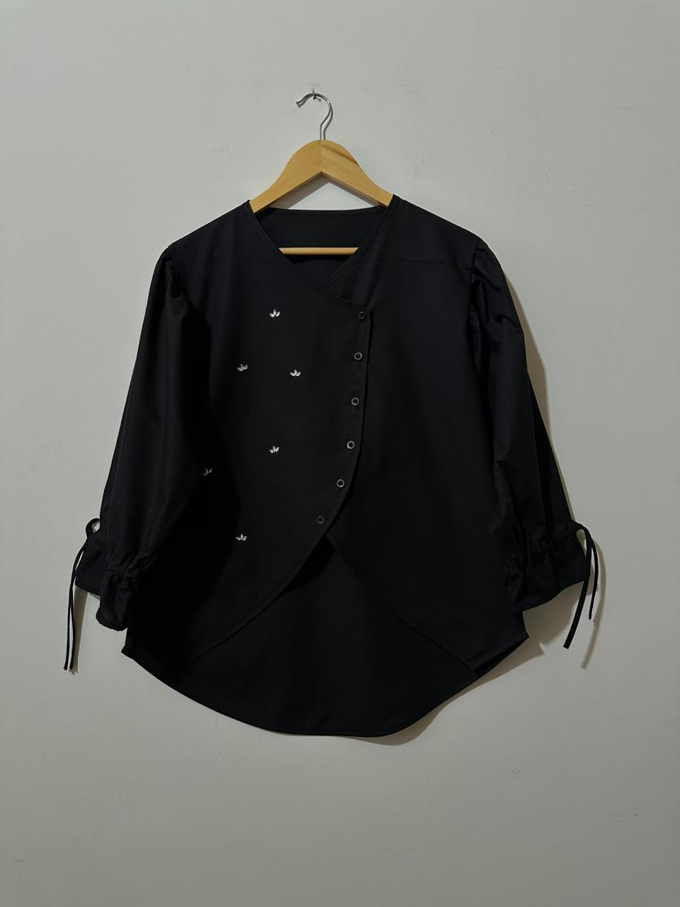 Button-Up Black Top with Tie Cuffs
