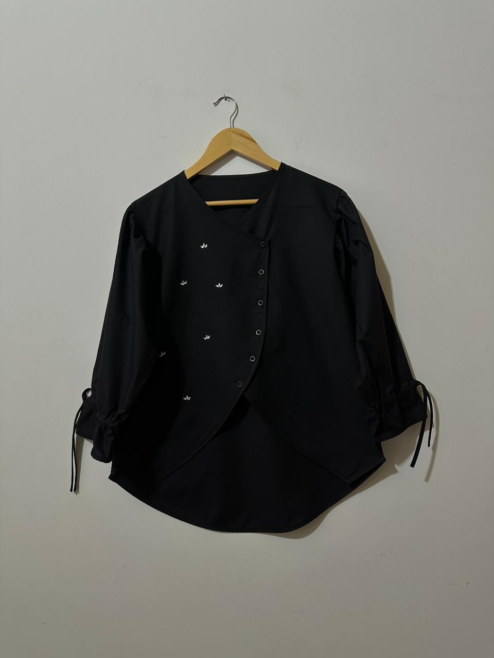 Button-Up Black Top with Tie Cuffs