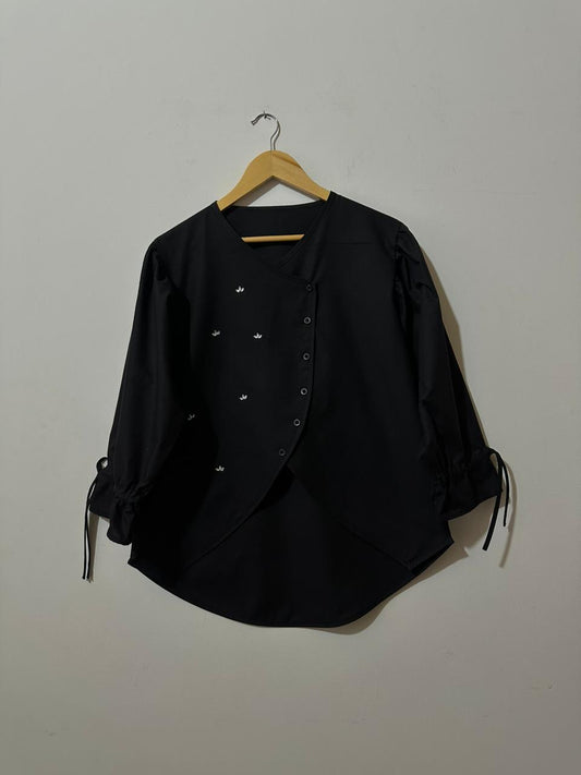 Button-Up Black Top with Tie Cuffs