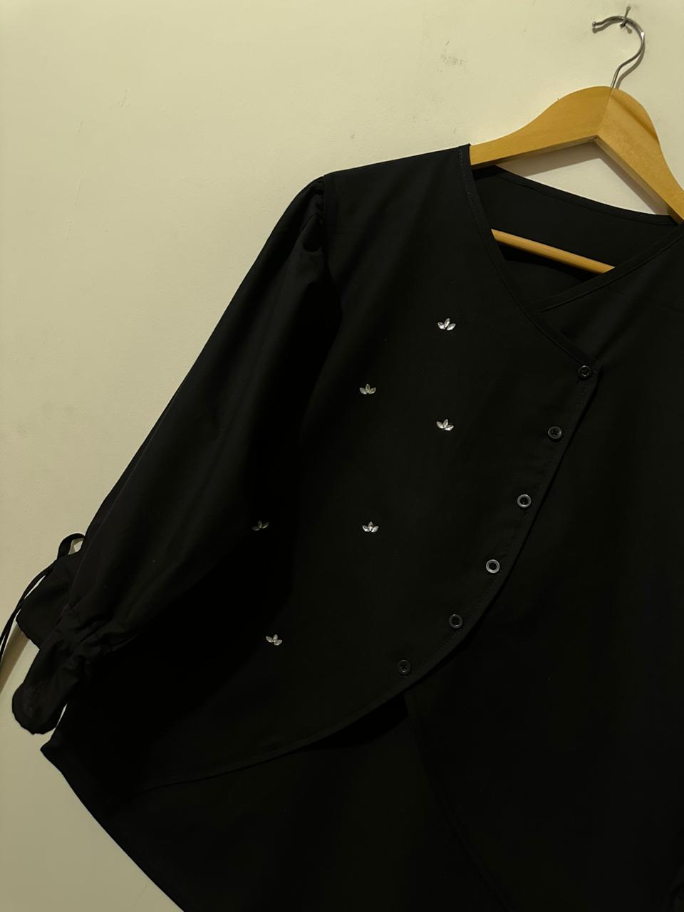 Button-Up Black Top with Tie Cuffs