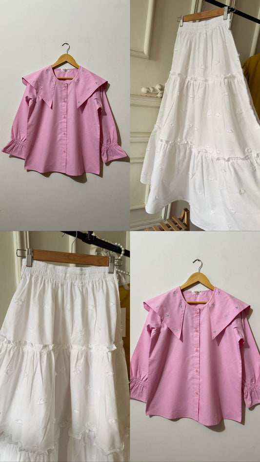Summer Baby Pink Ruffled Top & White Tiered Skirt