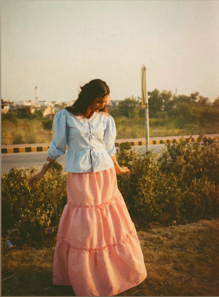 Summer Sky Bow Top & Pink Three Tired Skirt