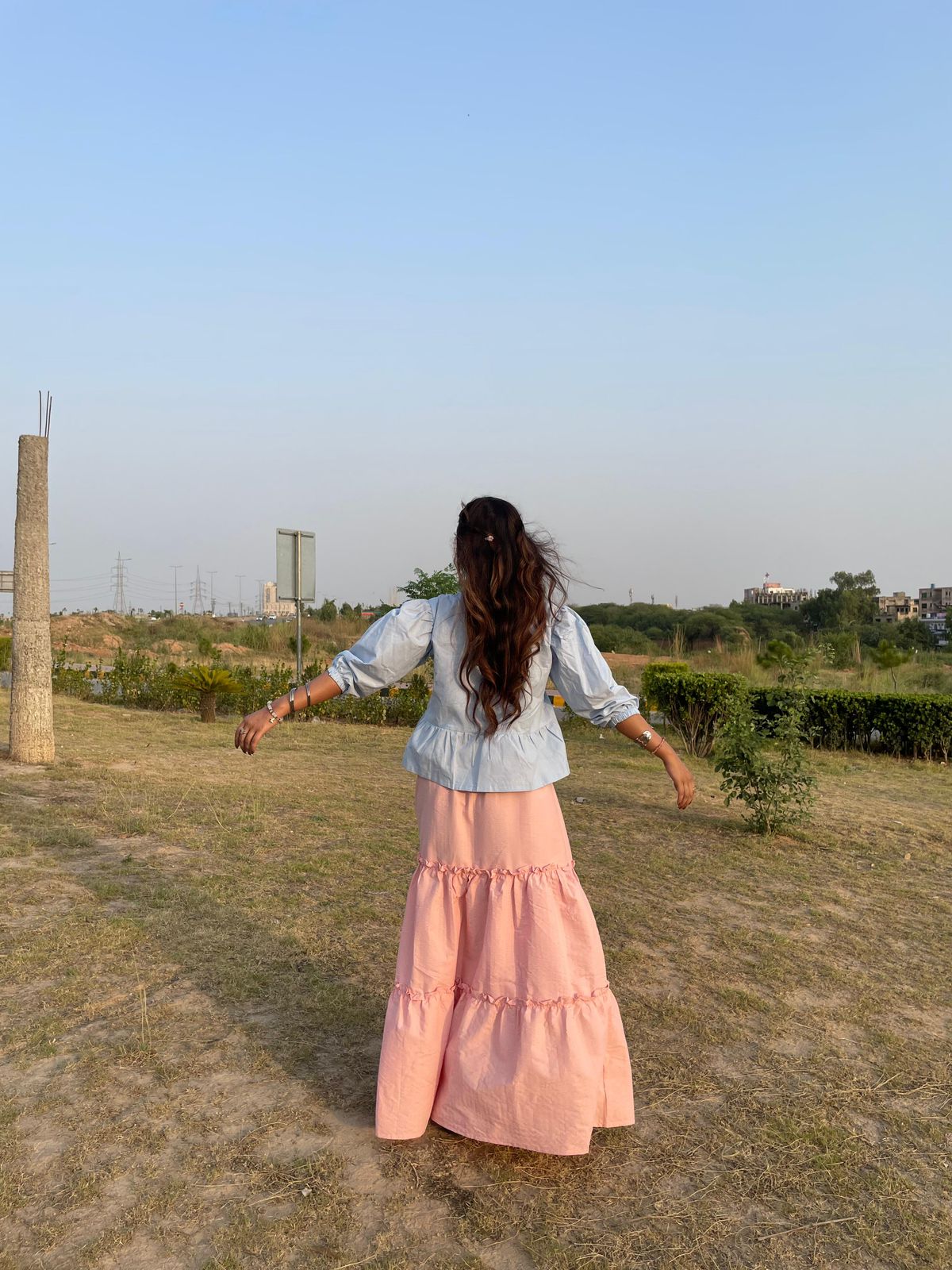 Summer Sky Bow Top & Pink Three Tired Skirt