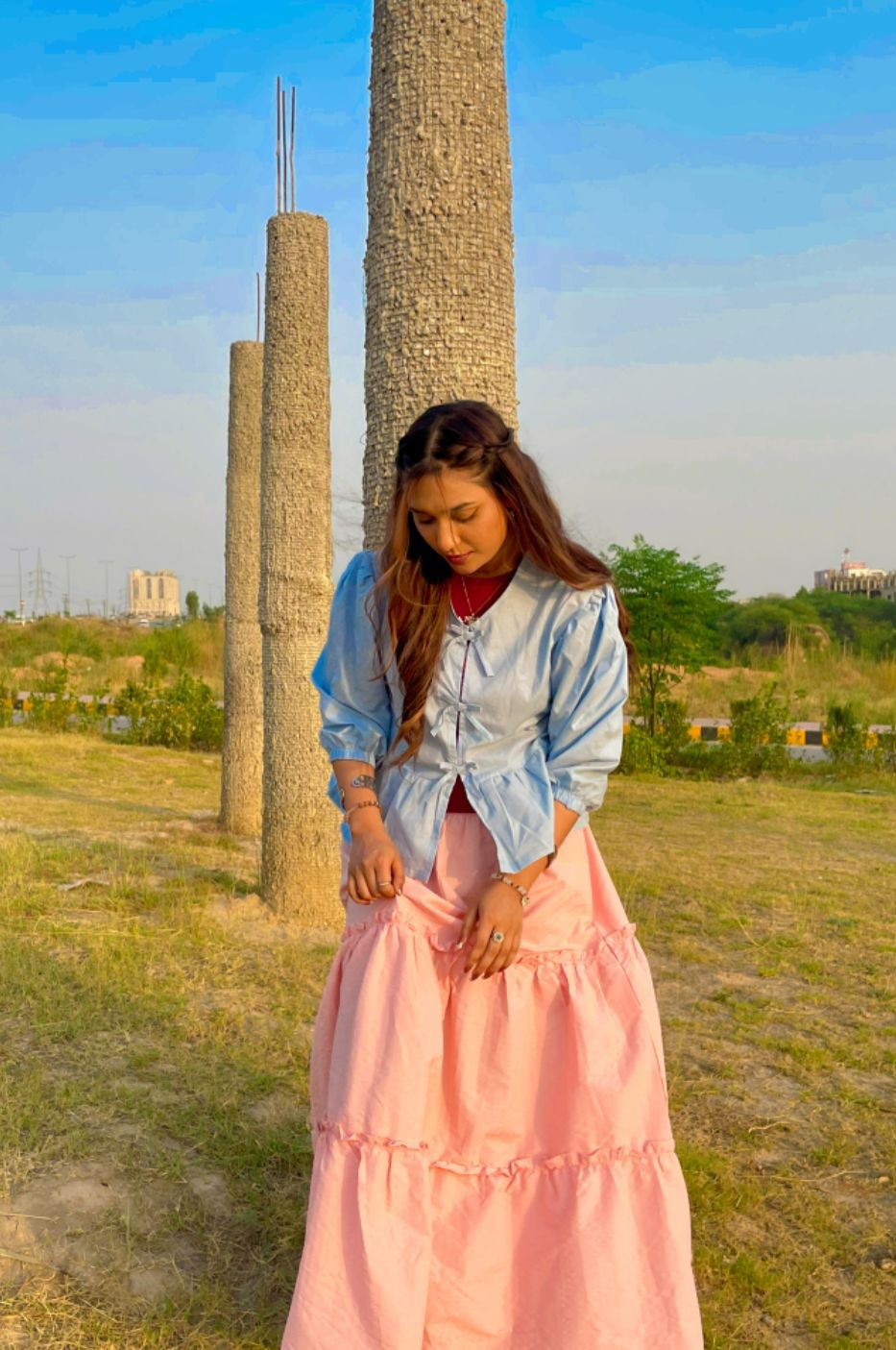 Summer Sky Bow Top & Pink Three Tired Skirt