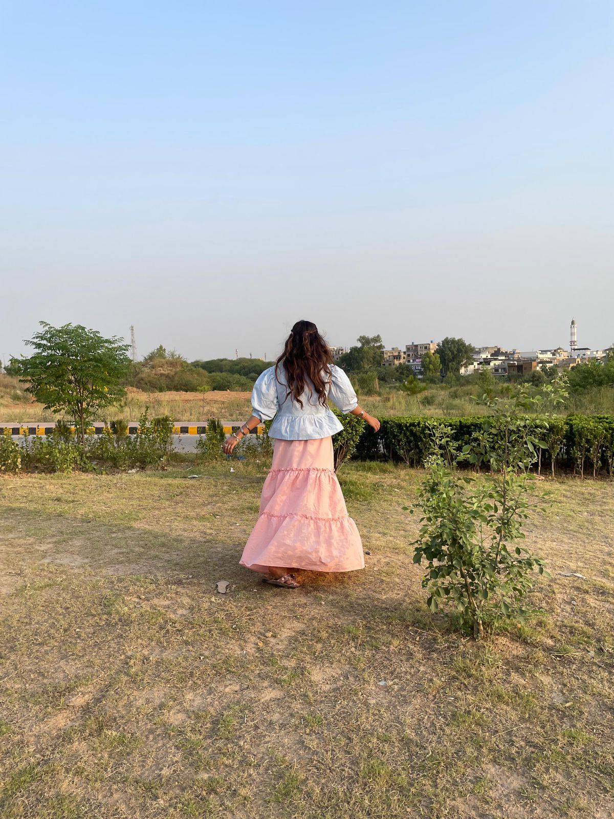 Summer Sky Bow Top & Pink Three Tired Skirt
