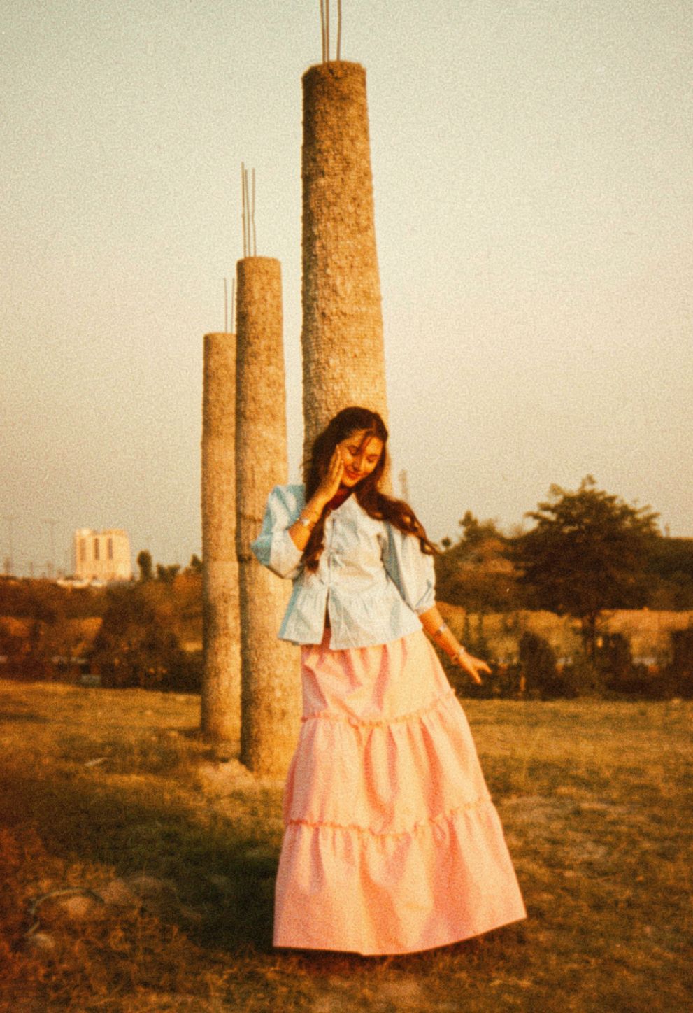 Summer Sky Bow Top & Pink Three Tired Skirt