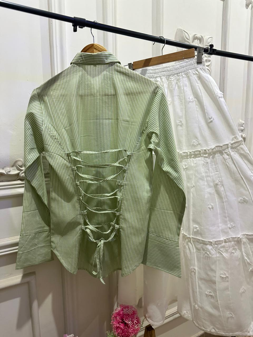 Pistachio Corset Lining Shirt & White Tired Skirt