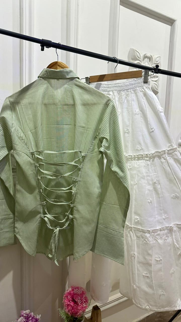 Pistachio Corset Lining Shirt & White Tired Skirt