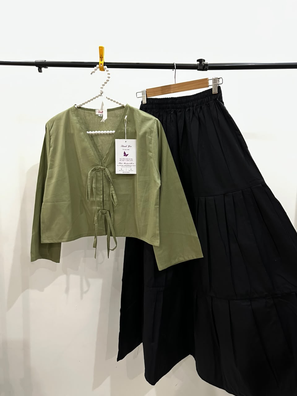 Summer Olive V-Neck Top & Black Tiered Skirt