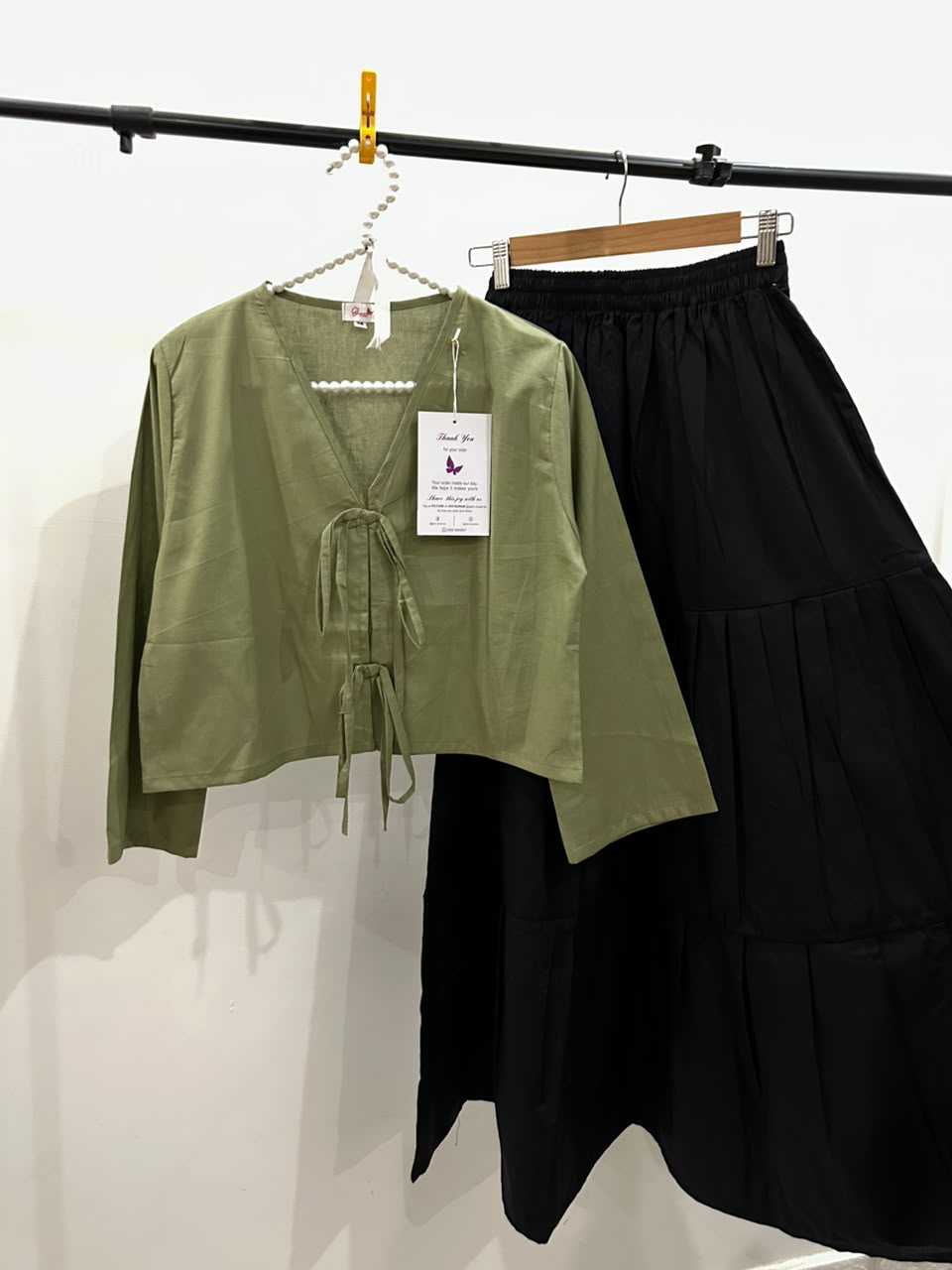 Summer Olive V-Neck Top & Black Tiered Skirt